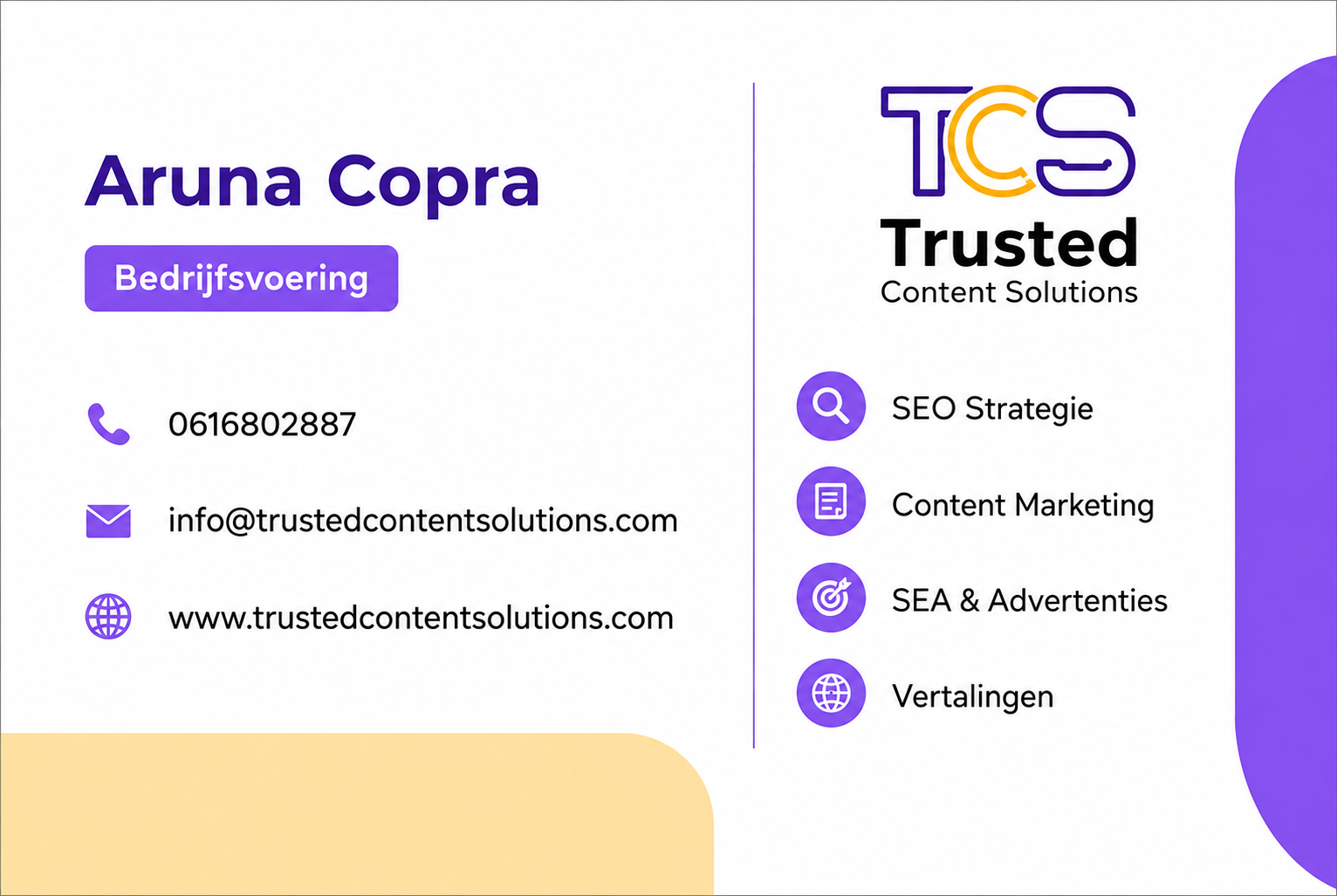 Achterzijde van het Trusted Content Solutions visitekaartje